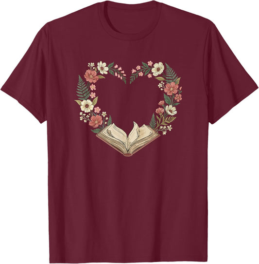 Vintage Book Lover Valentine Heart T-Shirt - T-Shirt | Maroon