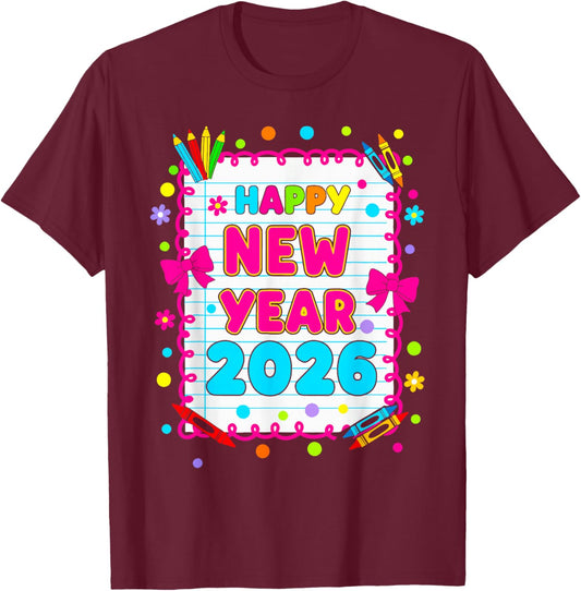 Happy New Year 2026 Teacher Bow Kids School Celebration T-Shirt - T-Shirt | Maroon