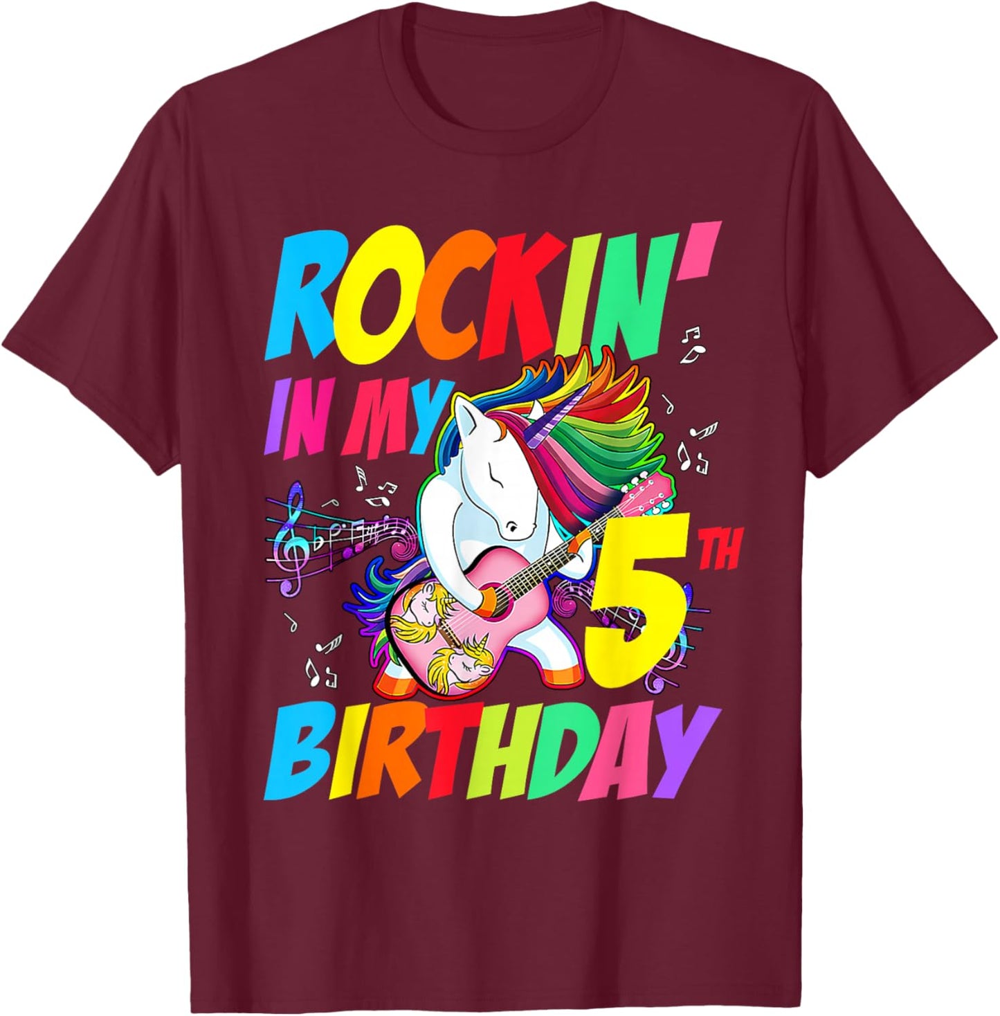 Rockin in My 5th Birthday Unicorn Rockstar Kids Gift T-Shirt - T-Shirt | Maroon
