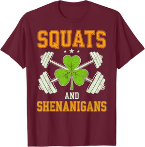 St. Patrick's Paddy’s Day Squats & Shenanigans Gym Shamrock T-Shirt - T-Shirt | Maroon