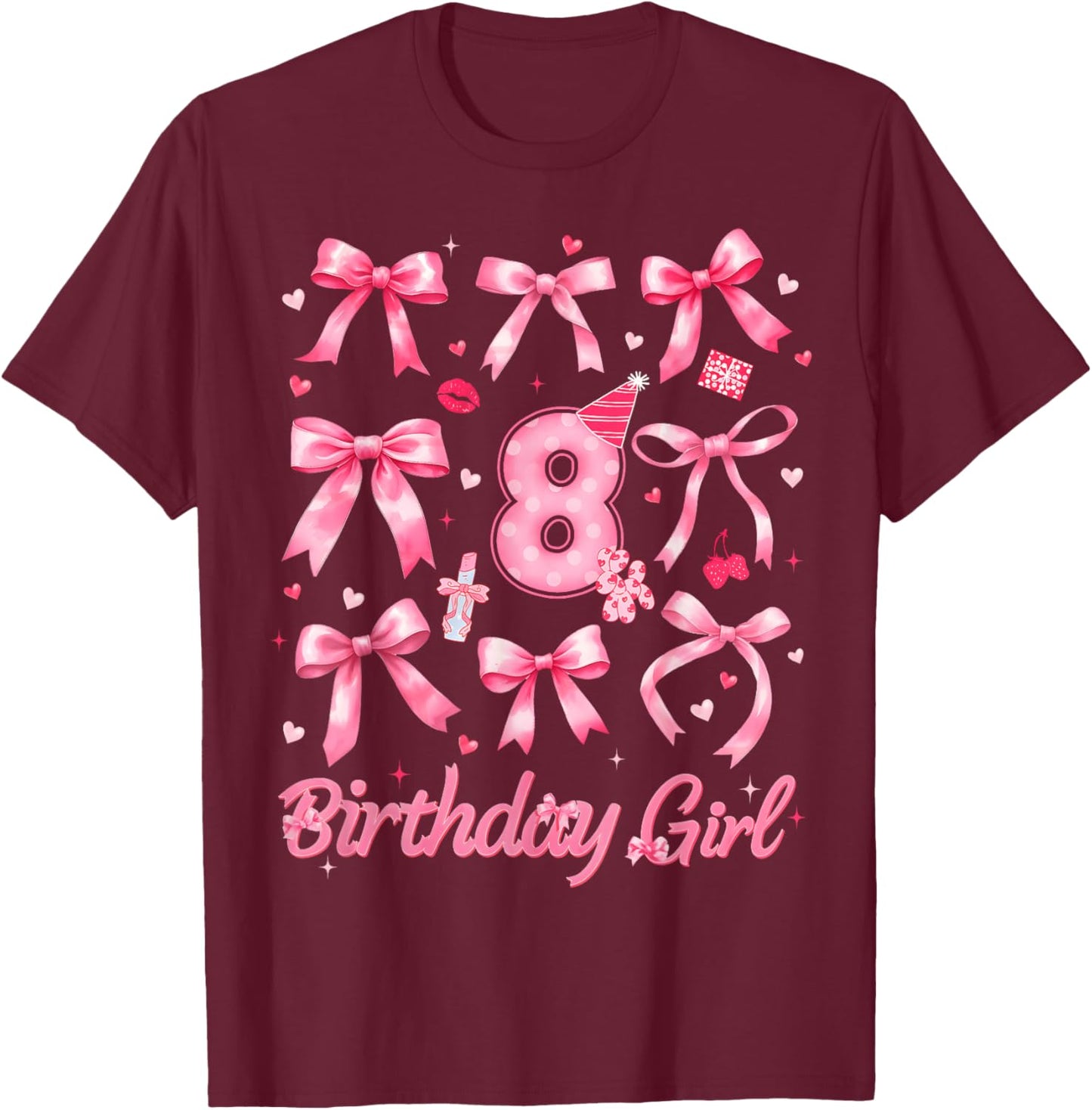 8th Birthday 8 Years Old Coquette Bow Pink Birthday Girl T-Shirt - T-Shirt | Maroon