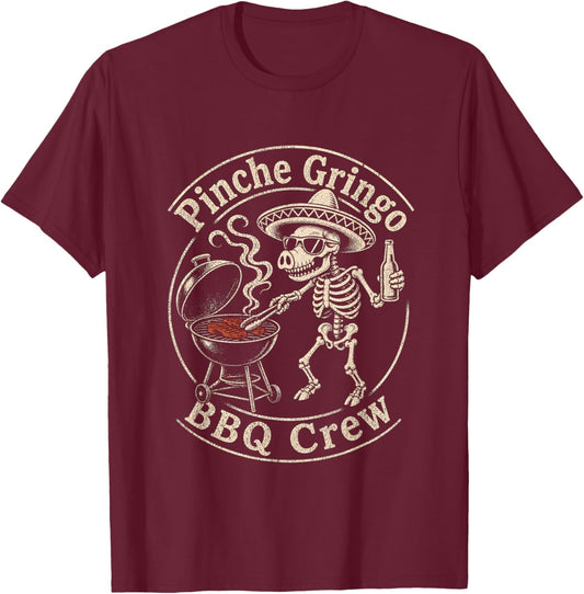 Pinche Gringo BBQ Crew Funny Skeleton Fish Beer Grilling T-Shirt - T-Shirt | Maroon
