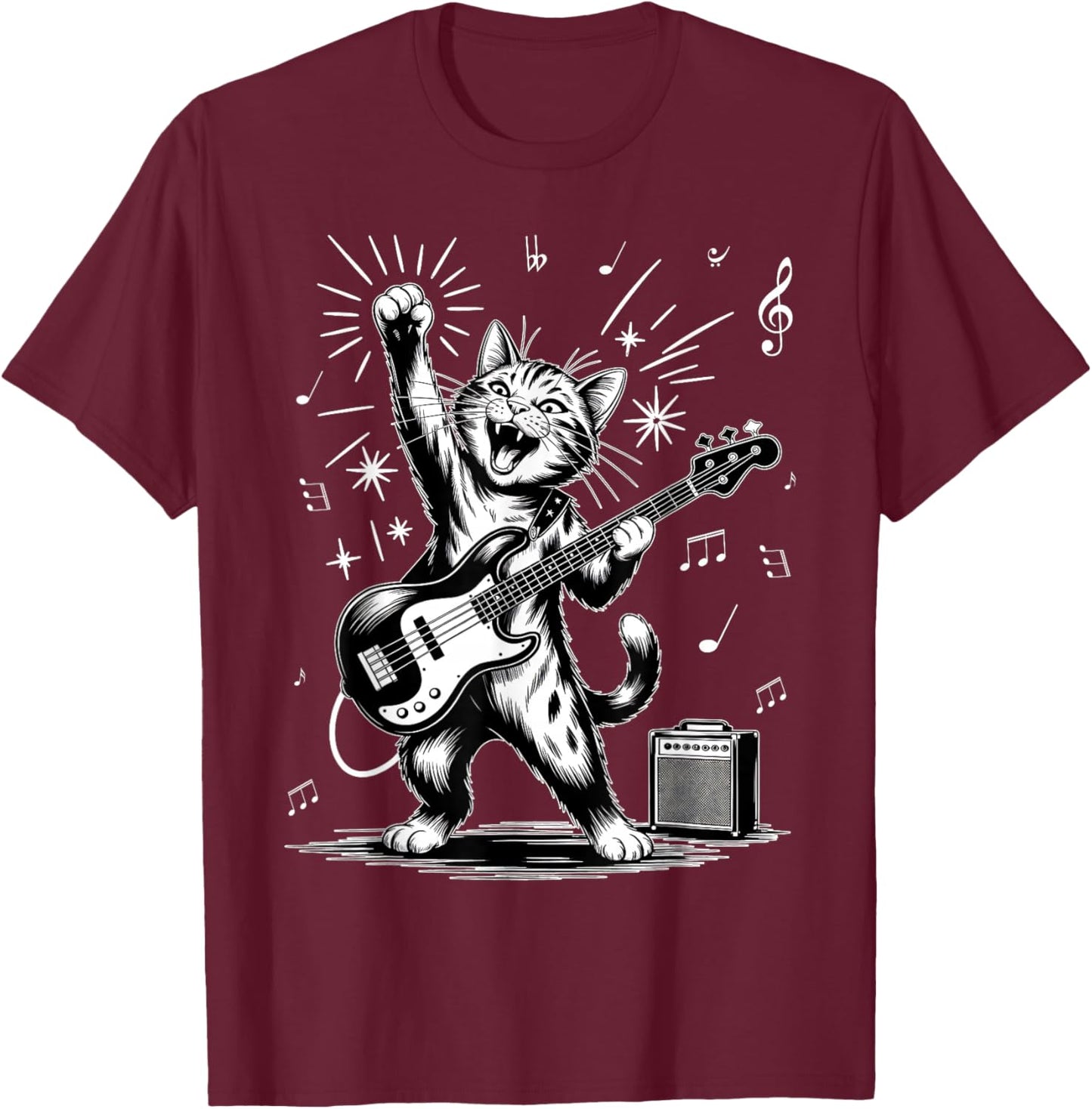 Cat Playing Bass Guitar Animal T-Shirt - T-Shirt | Maroon