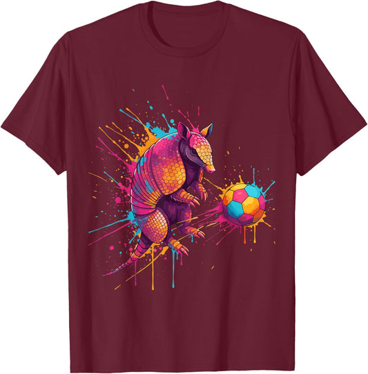 Soccer Player Armadillo Art Paint Splatter T-Shirt - T-Shirt | Maroon