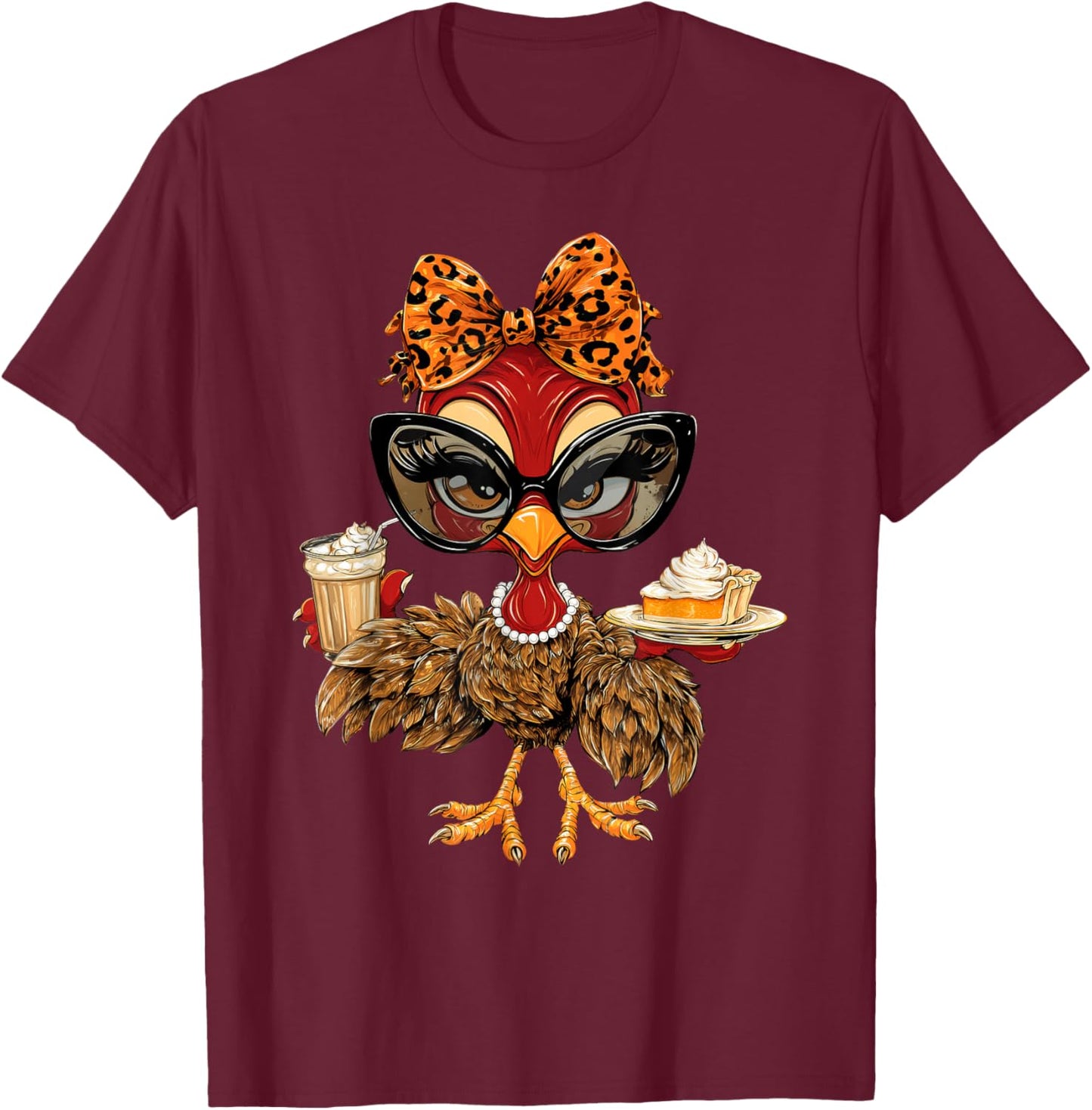 Thanksgiving Turkey Drinking Coffee Leopard Bow T-Shirt - T-Shirt | Maroon