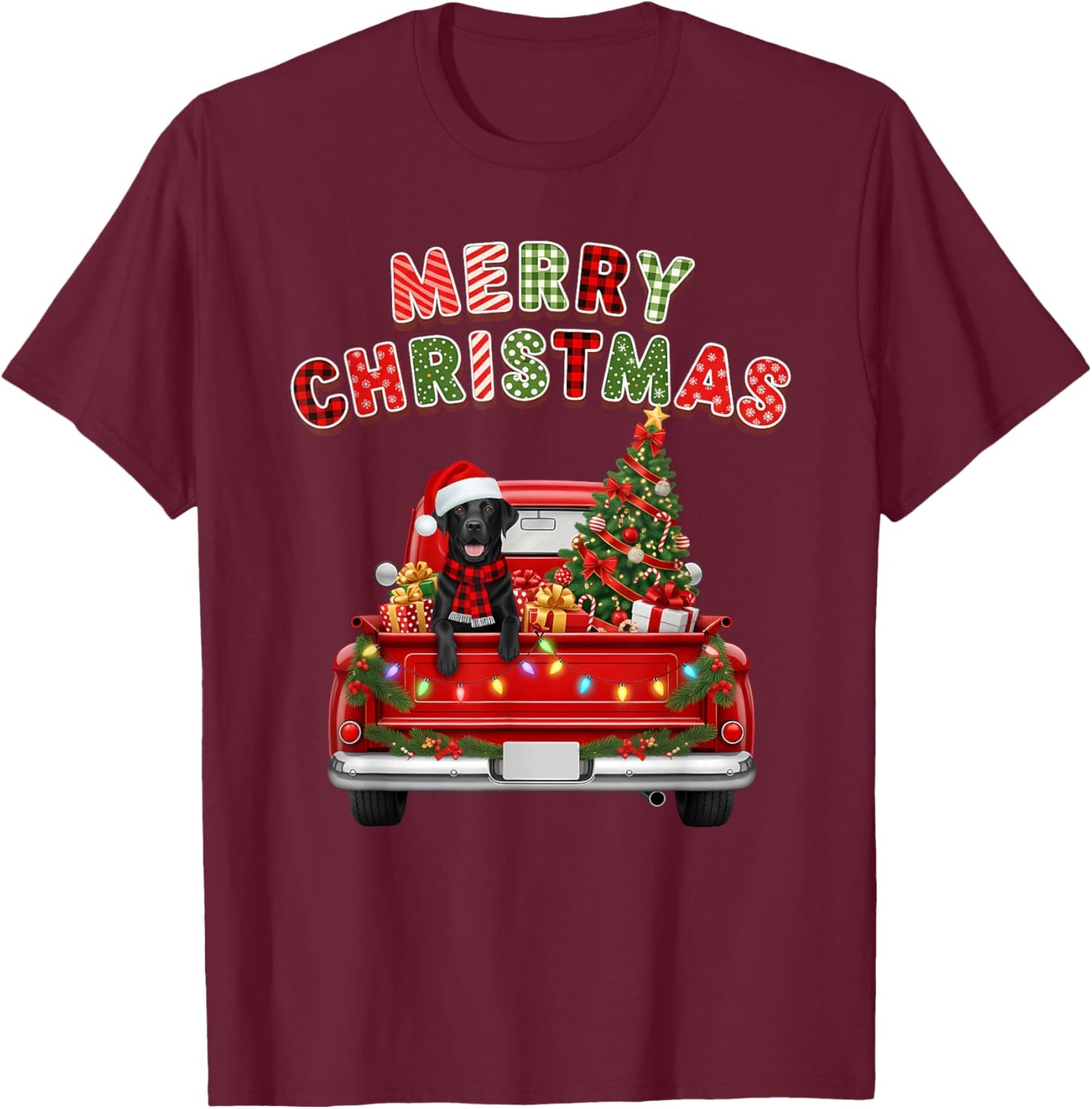 Black Lab Labrador Dog Red Truck Merry Christmas Lights Xmas T-Shirt - T-Shirt | Maroon