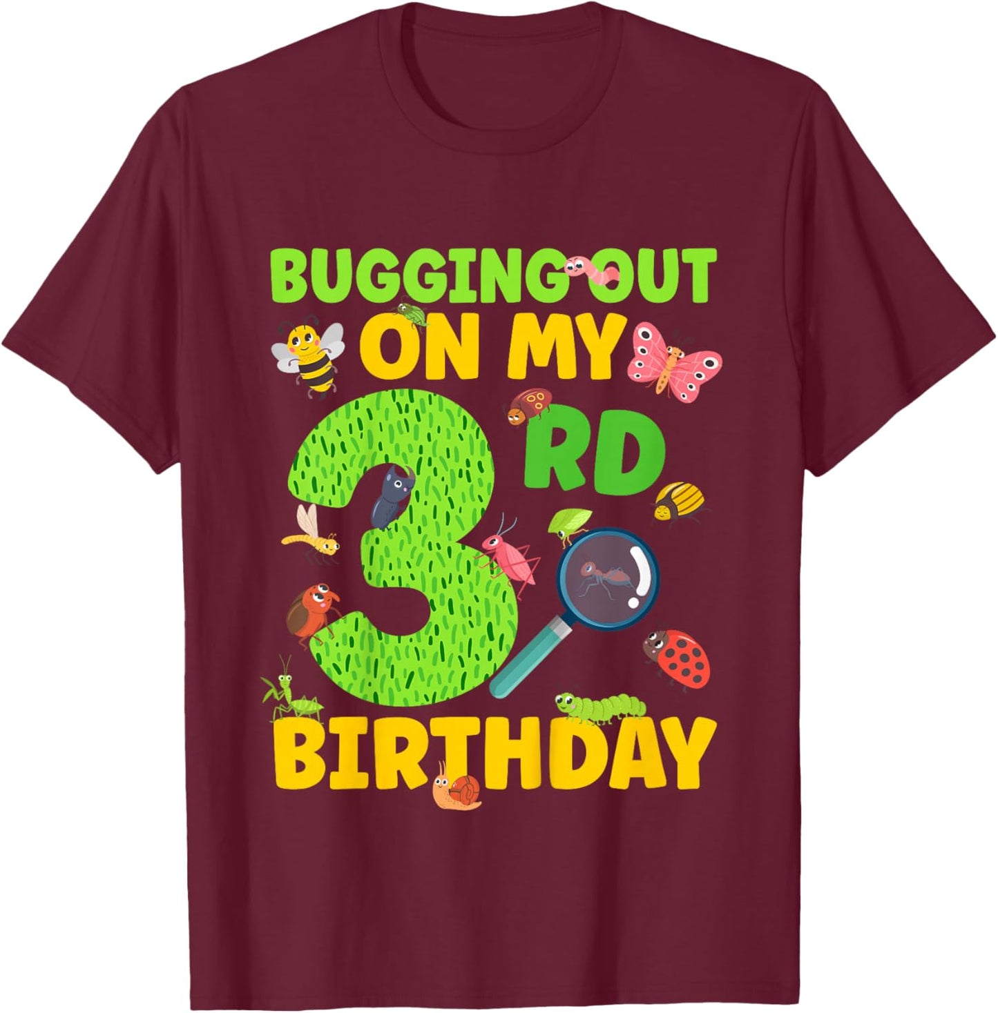3rd Bug Birthday Party 3 Year Old Bugs Birthday T-Shirt - T-Shirt | Maroon