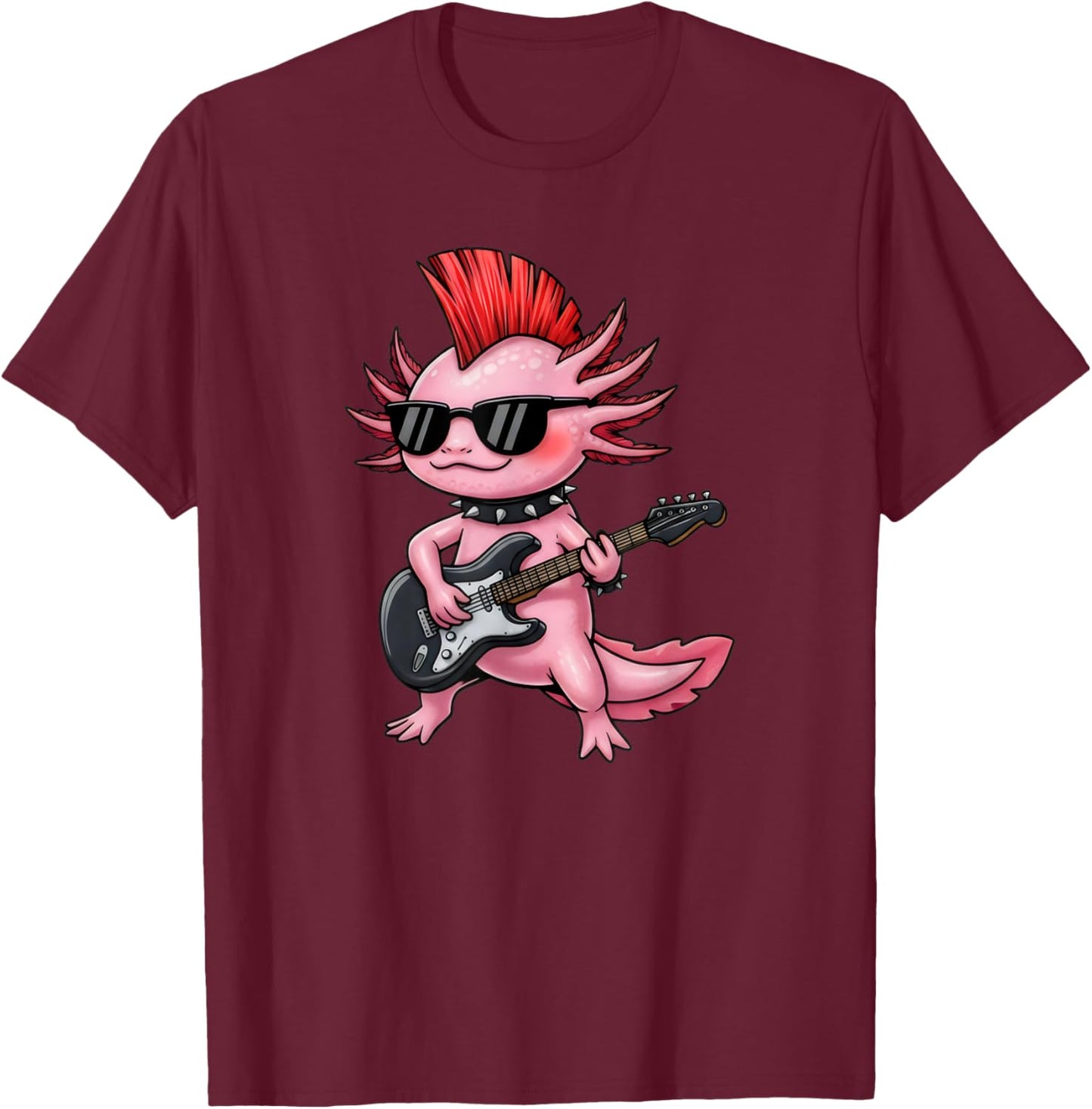 Punk Rock Axolotl Playing Guitar Funny Cool Rock'n Roll T-Shirt - T-Shirt | Maroon