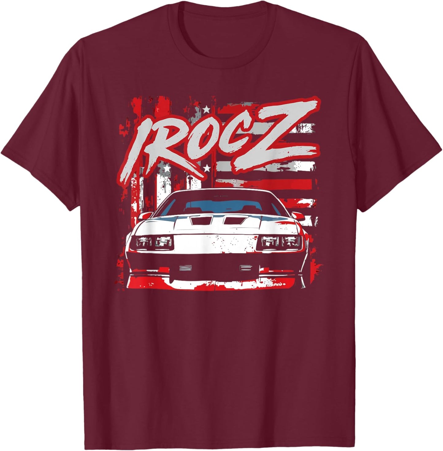 American Classic 1985 IROC Z Front Profile Shot USA Flag T-Shirt - T-Shirt | Maroon