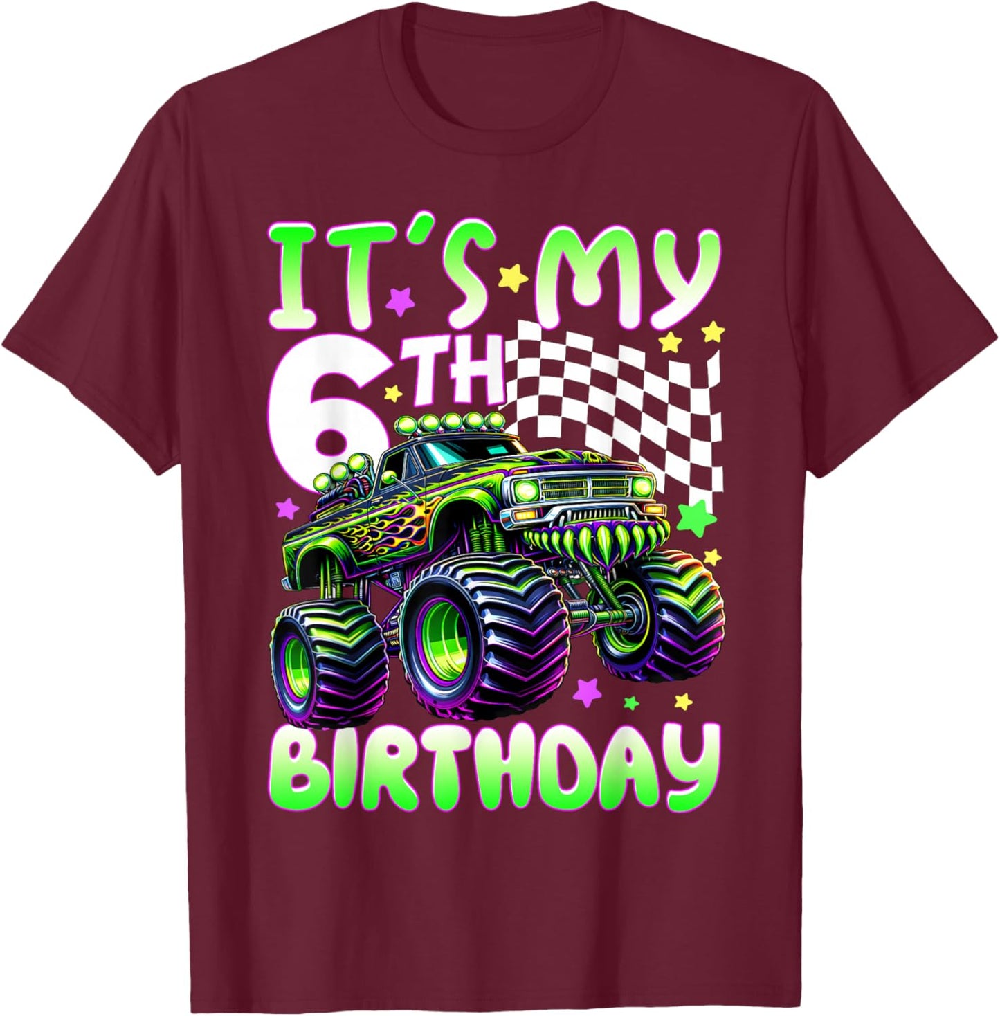 It's My 6th Birthday Boy Monster Truck 6 Year Old Bday Kids T-Shirt - T-Shirt | Maroon