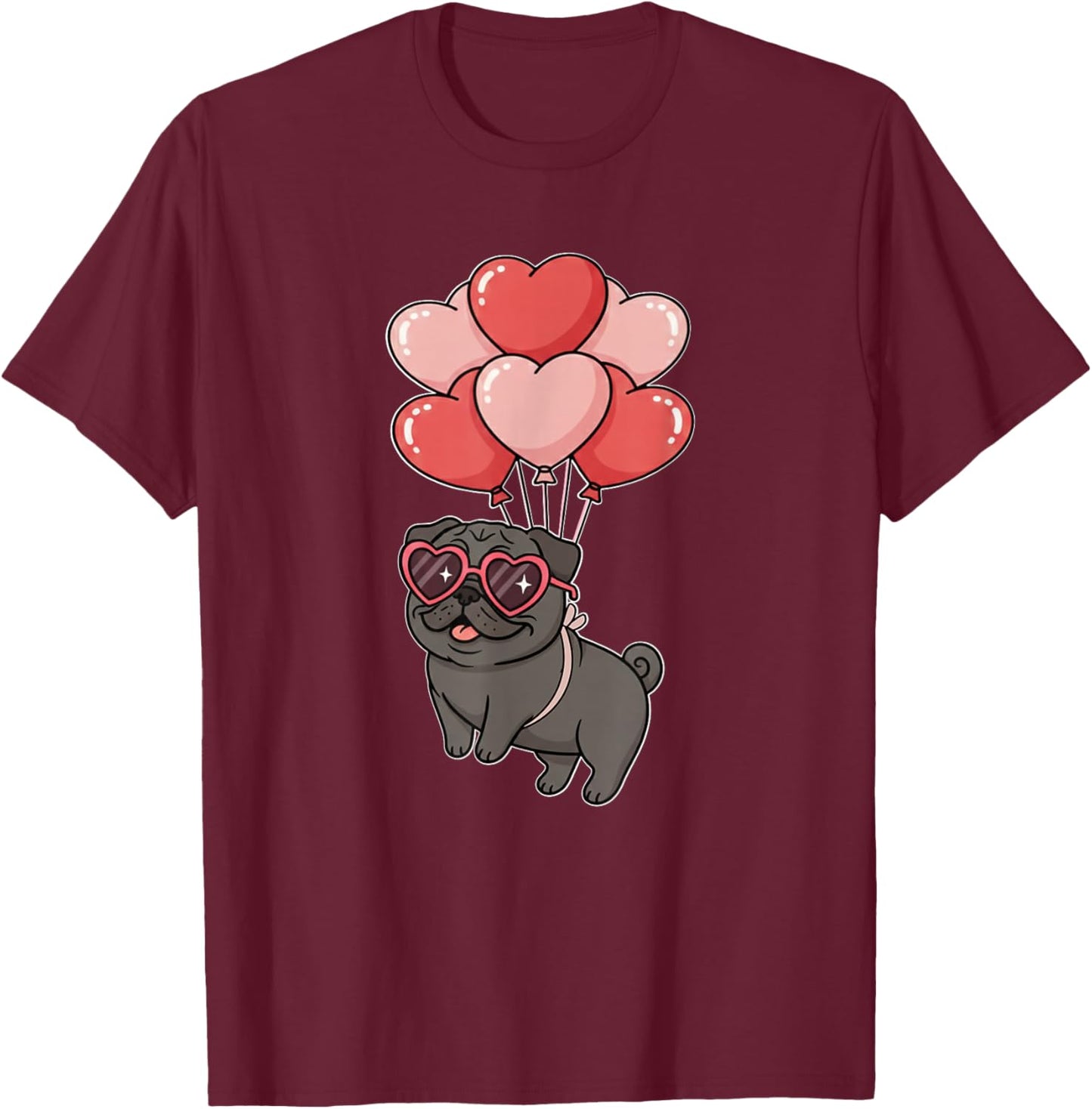 Girls Valentines Day Heart Balloons Black Pug Lover T-Shirt - T-Shirt | Maroon