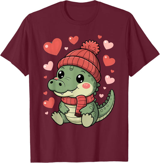 Kawaii Alligator Valentines Day Hearts Scarf Beanie T-Shirt - T-Shirt | Maroon