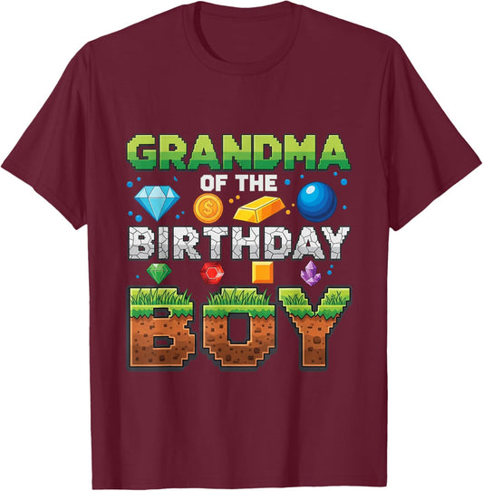Grandma of The Birthday Boy Game Pixel Number T-Shirt - T-Shirt | Maroon