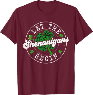 St Patrick Day Let The Shenanigans Begin Leopard Clovers T-Shirt - T-Shirt | Maroon