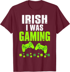 Irish I was Gaming St Patrick's Day Funny Gamer Shamrock T-Shirt - T-Shirt | Maroon