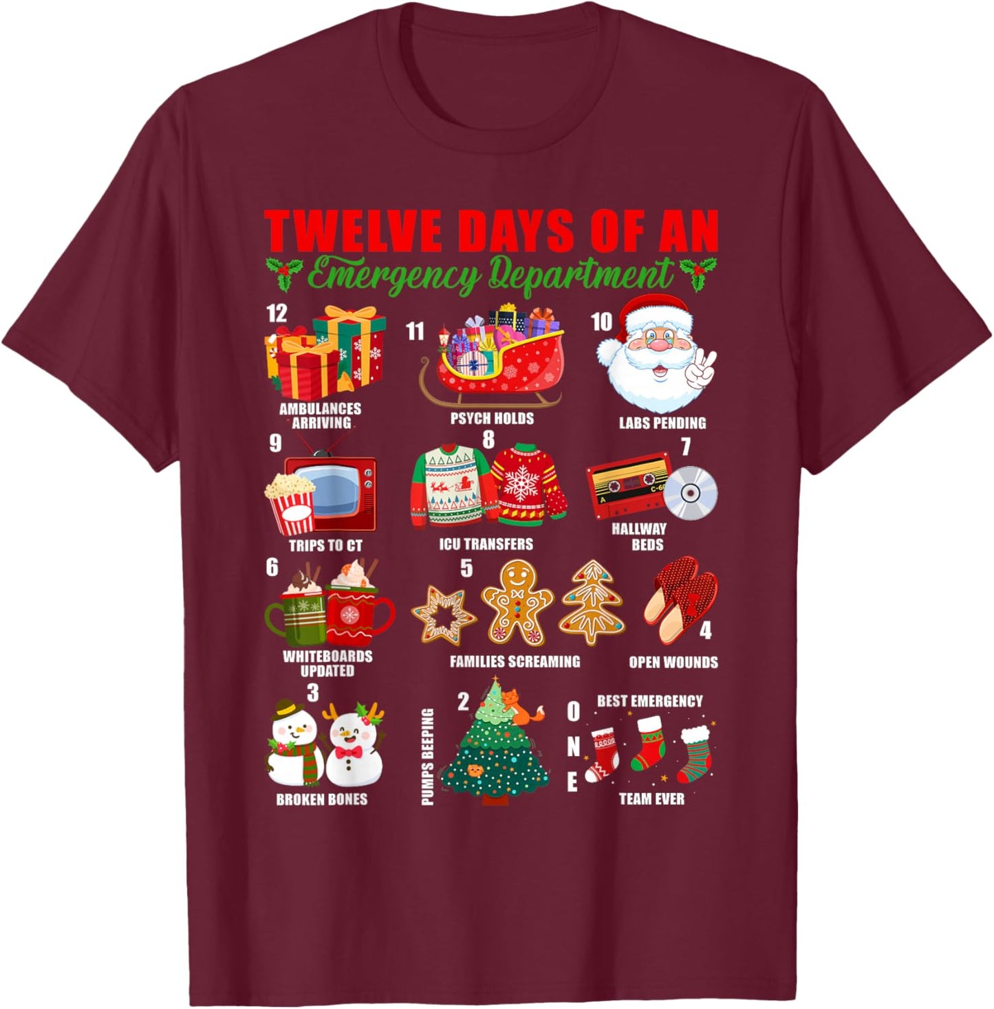 Twelve Days of an Emergency Department ED Nurse Christmas T-Shirt - T-Shirt | Maroon