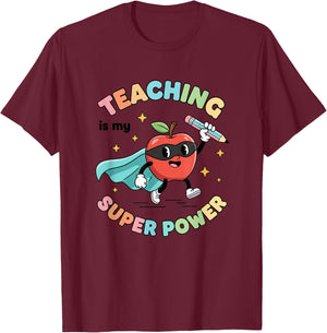 Teacher - Teaching is My Super Power Cute Apple Superhero T-Shirt - T-Shirt | Maroon