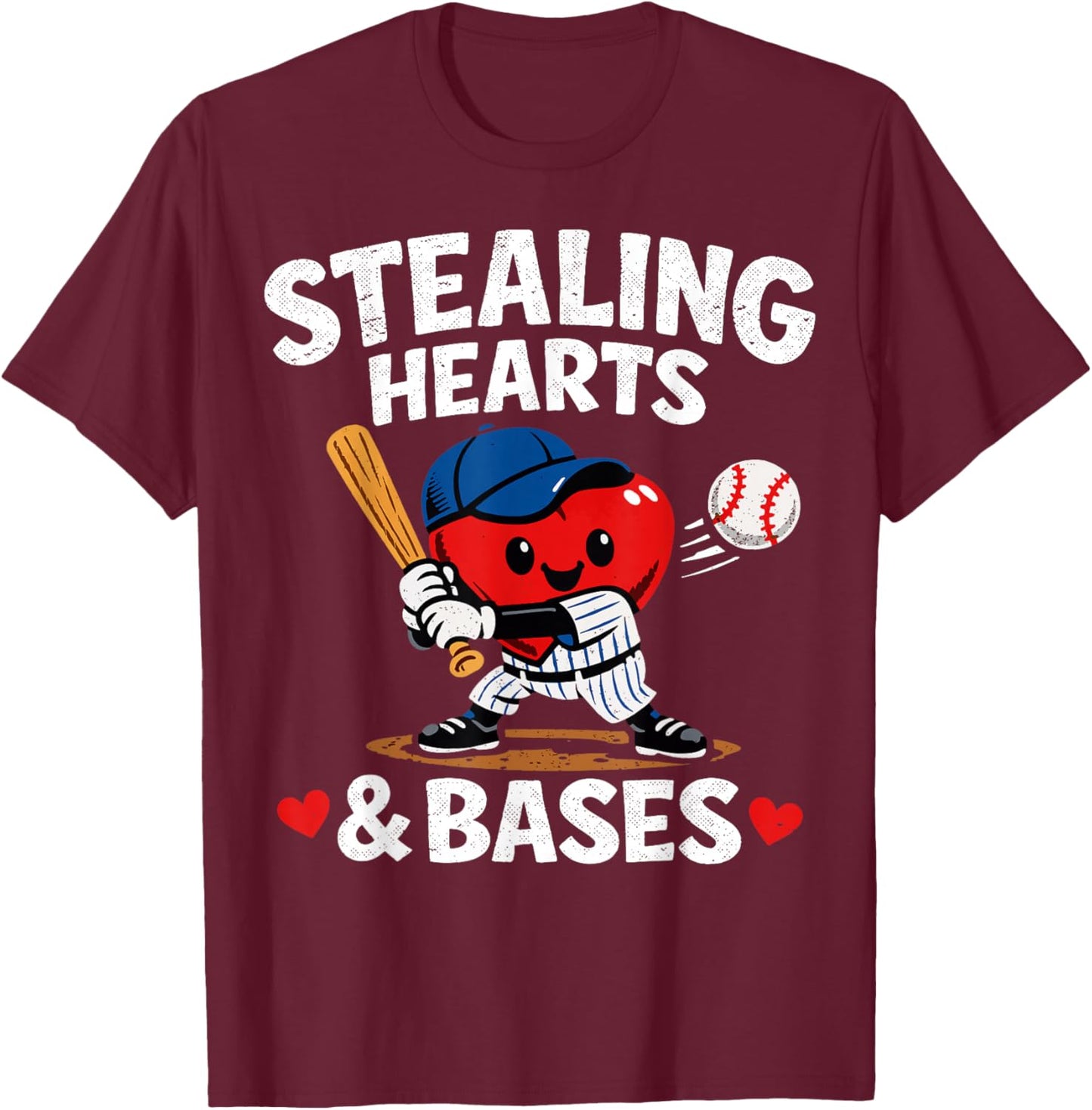 Stealing Hearts & Bases Valentine’s Day Baseball Love T-Shirt - T-Shirt | Maroon