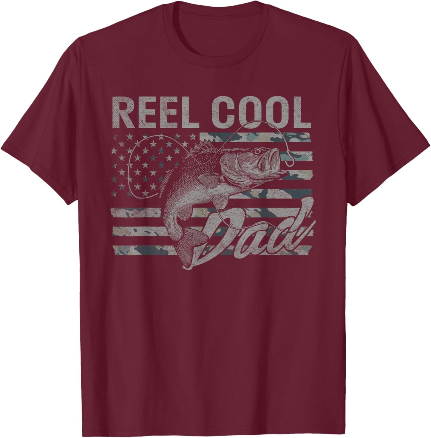 Reel Cool Dad Camo American Flag Bass Fishing T-Shirt - T-Shirt | Maroon