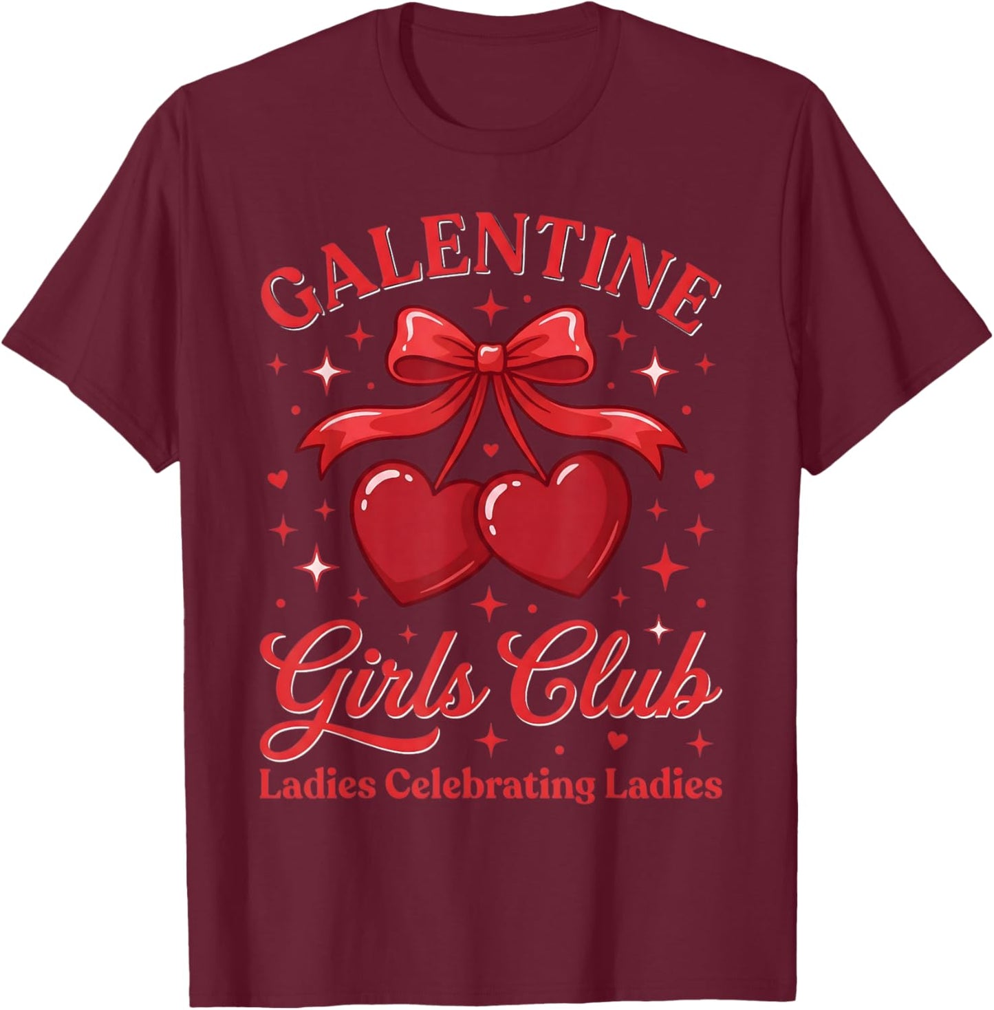 Galentine Girls Club Red Cherry Heart Bow Coquette T-Shirt - T-Shirt | Maroon