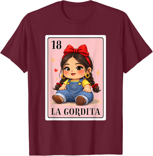 Latina La Gordita Chingona Mexican Bingo Card Chibi Style T-Shirt - T-Shirt | Maroon