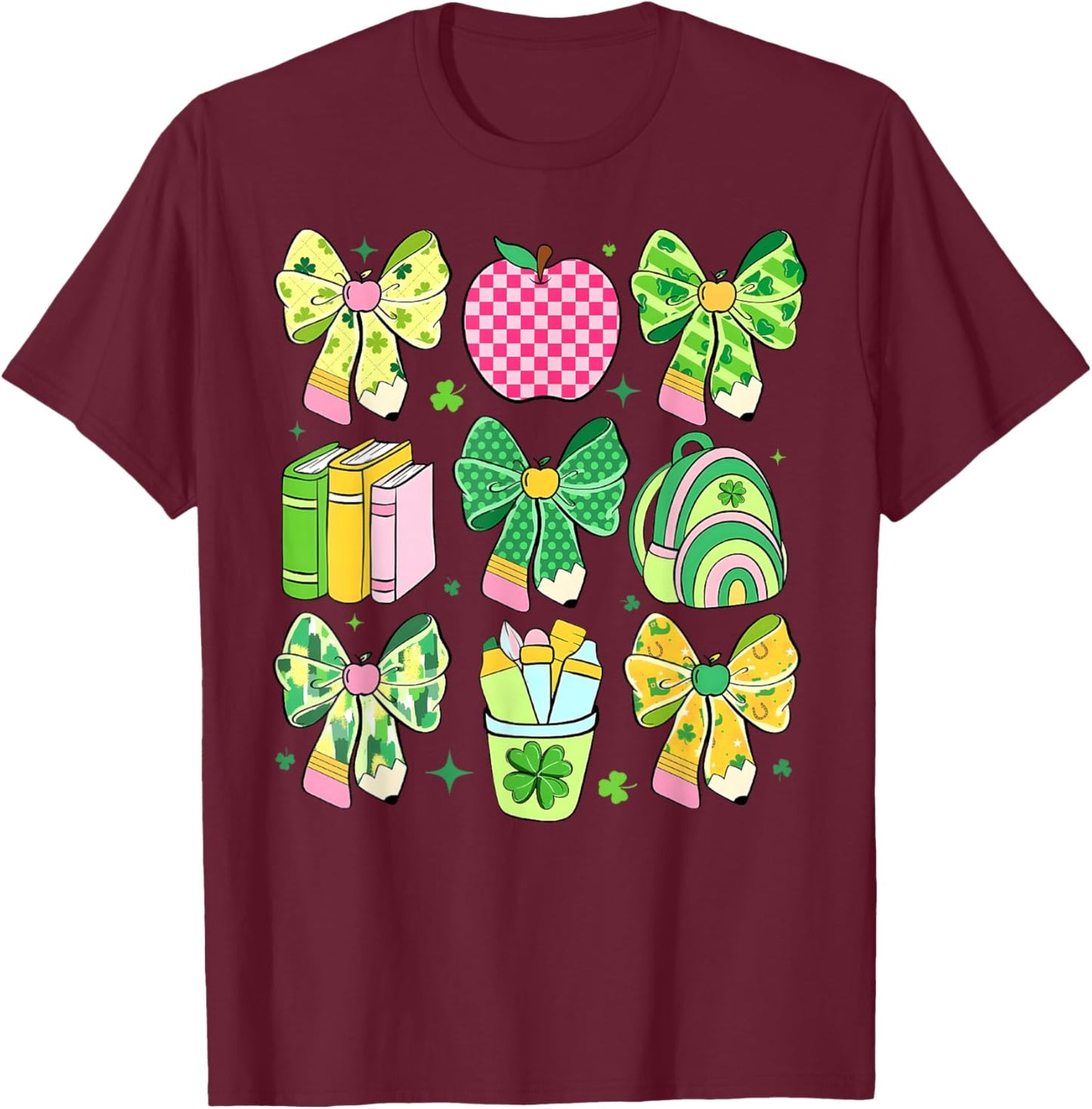 Lucky Teacher St Patrick's Day Coquette Bow Book Apple T-Shirt - T-Shirt | Maroon