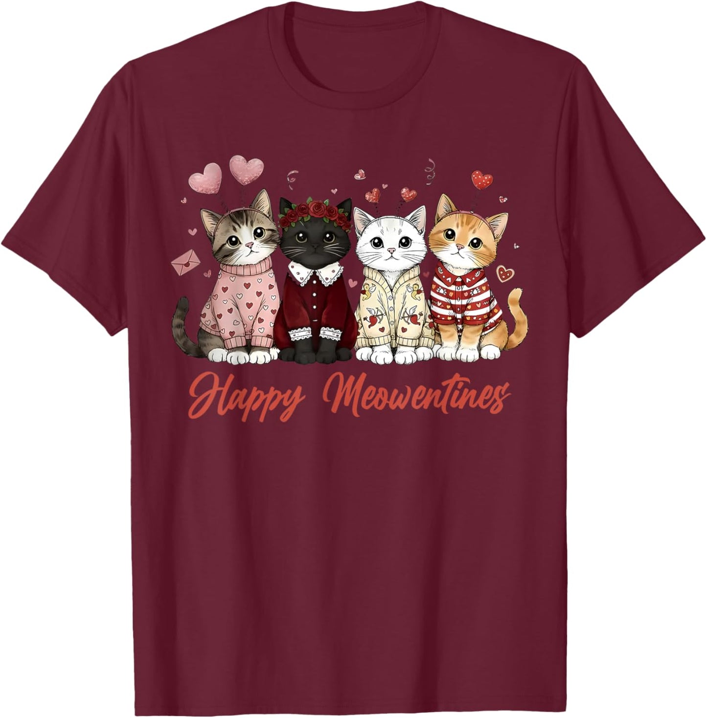 Valentine Cat Happy Meowentines Heart Valentines Cat Lover T-Shirt - T-Shirt | Maroon