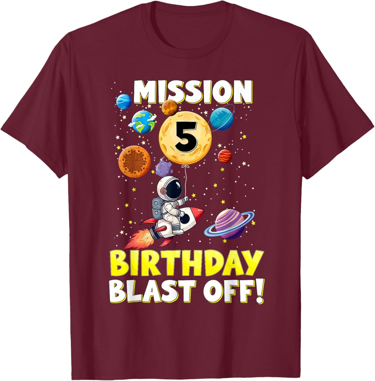 Kids 5th Birthday Astronaut Space Planets 5 Year Old Boys T-Shirt - T-Shirt | Maroon