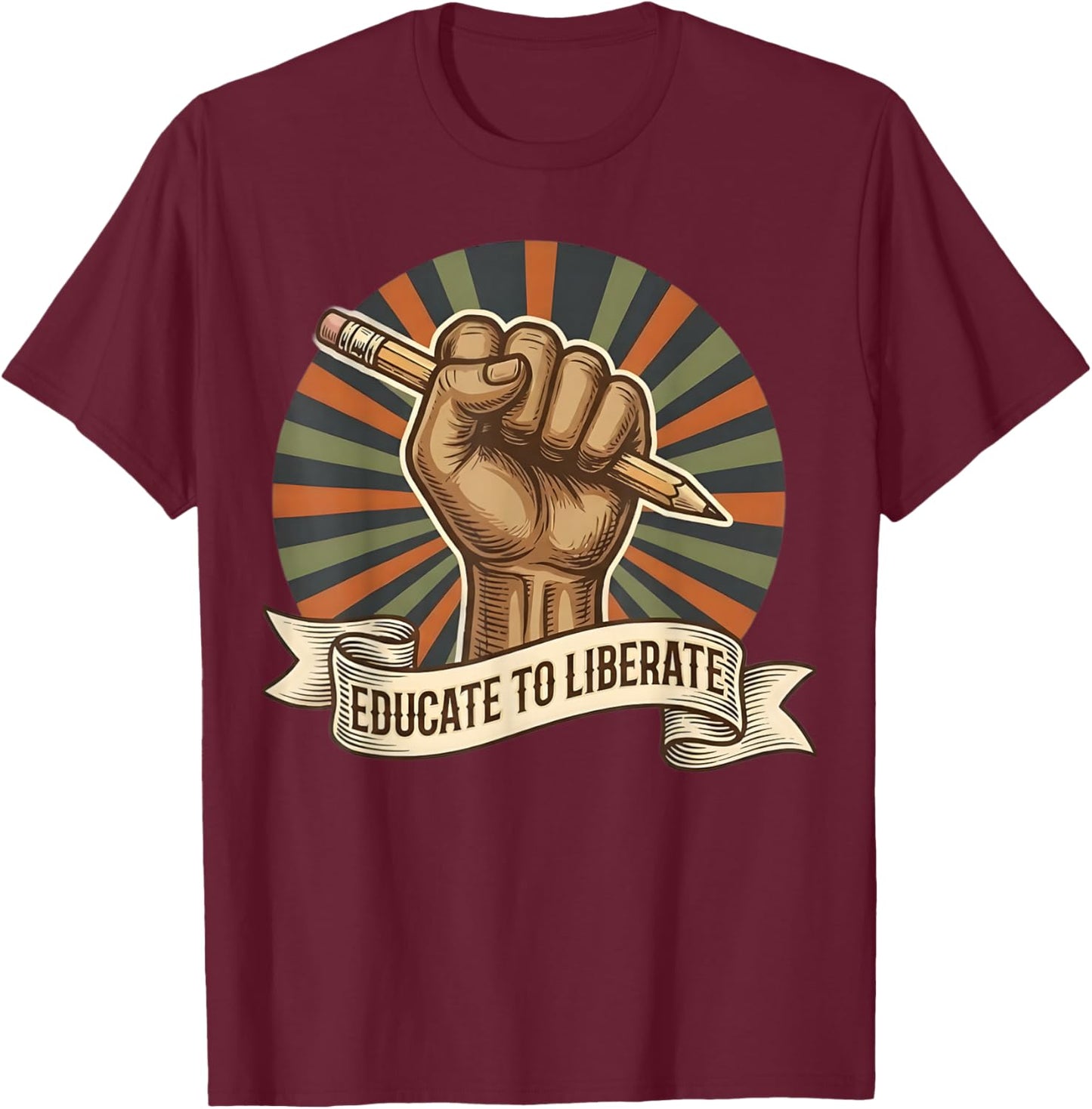 Black History Month Teacher Raised Fist Pencil Educator T-Shirt - T-Shirt | Maroon
