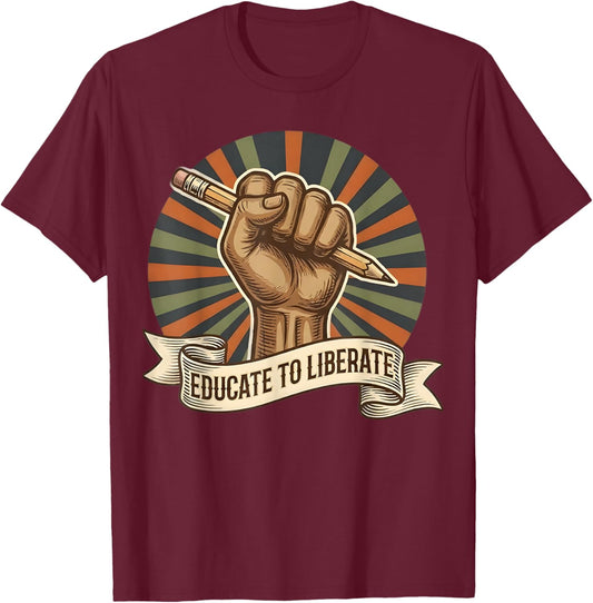 Black History Month Teacher Raised Fist Pencil Educator T-Shirt - T-Shirt | Maroon