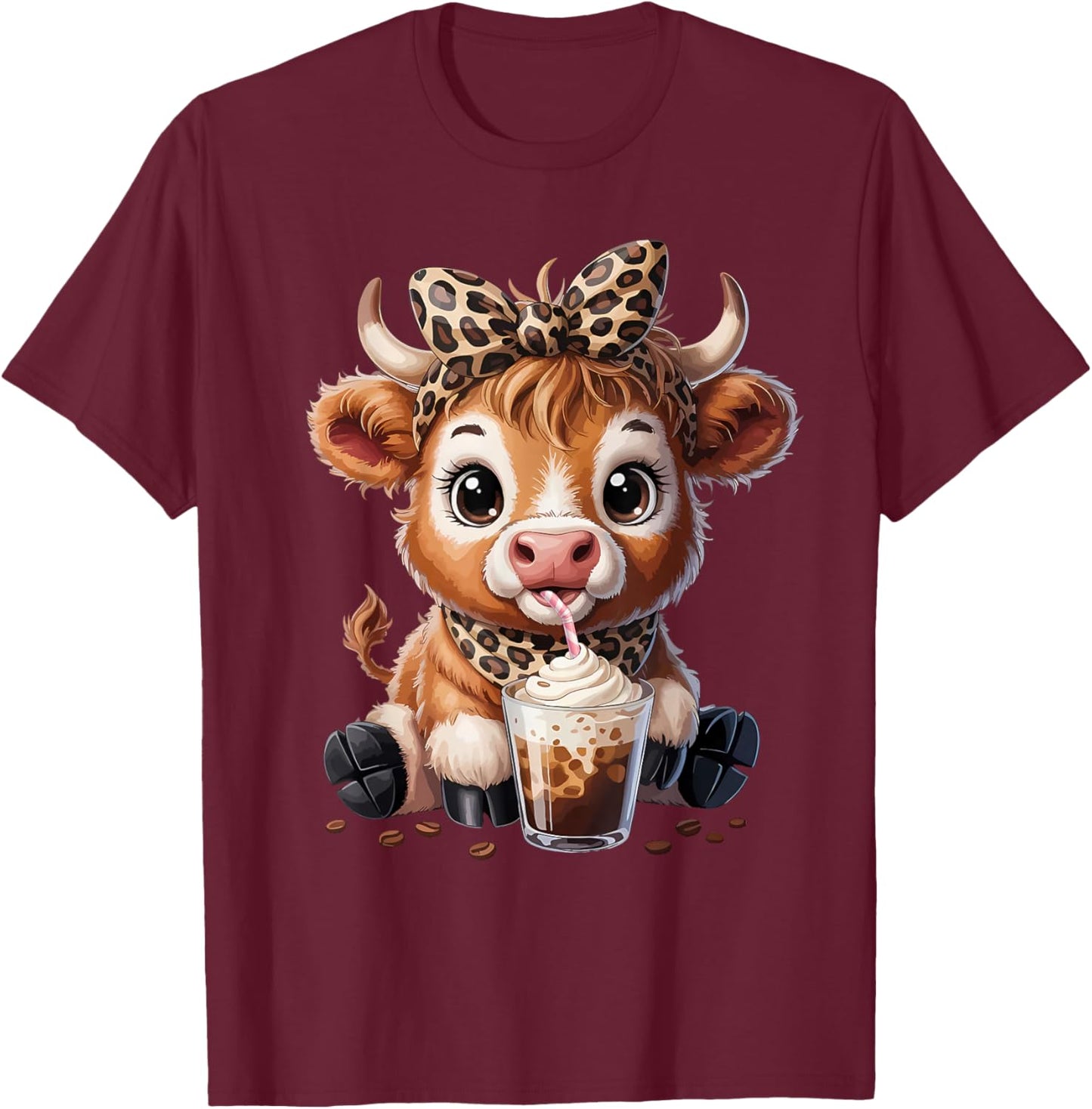 Highland Cow Coffee Leopard Bow Cowgirl Girls Women T-Shirt - T-Shirt | Maroon