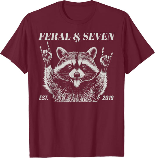 Feral and Seven Raccoon Funny 7th Birthday Girls Boys Kids T-Shirt - T-Shirt | Maroon