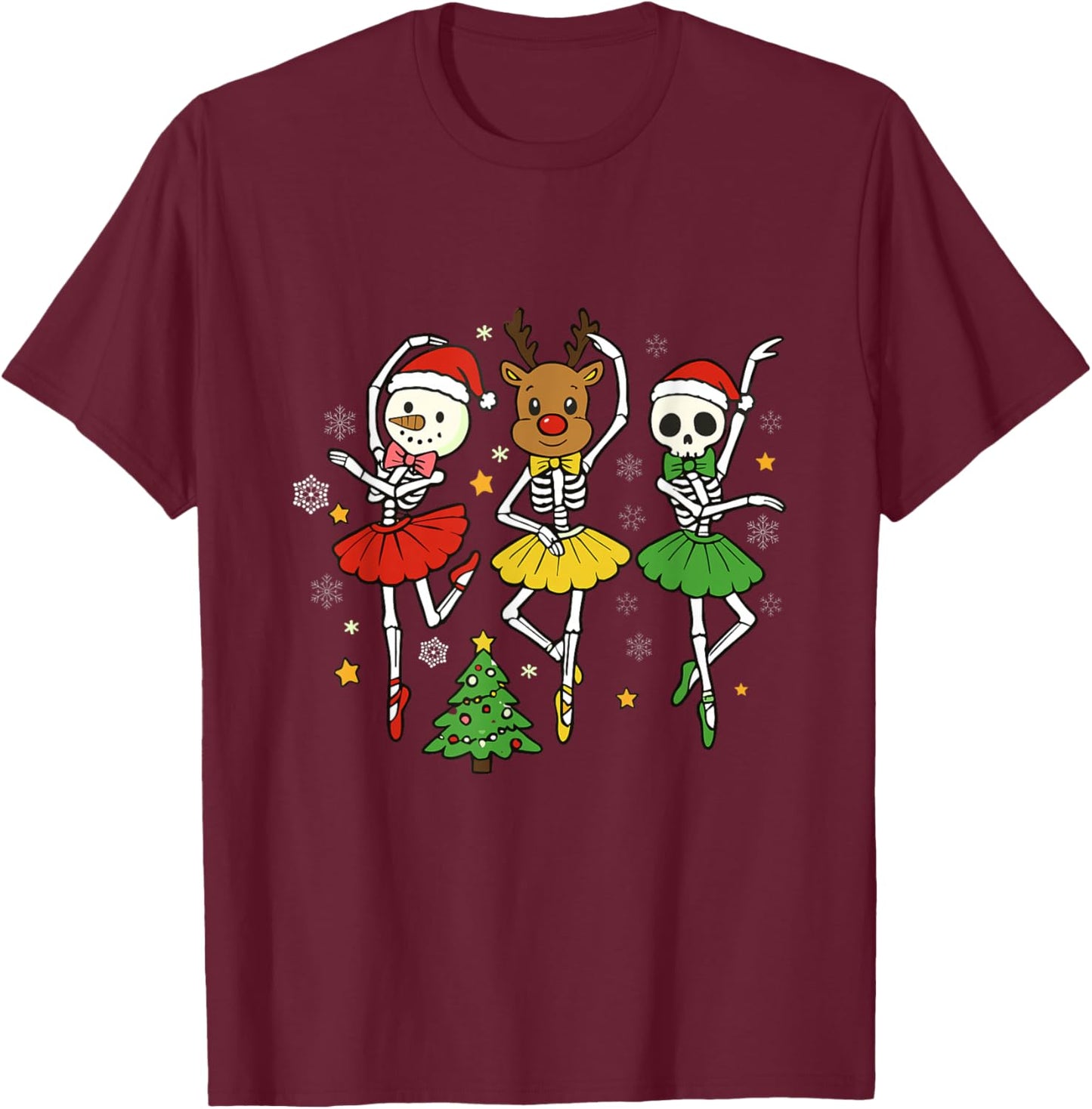 Girls Christmas Ballet Skeleton Ballerina Women Skeleton T-Shirt - T-Shirt | Maroon