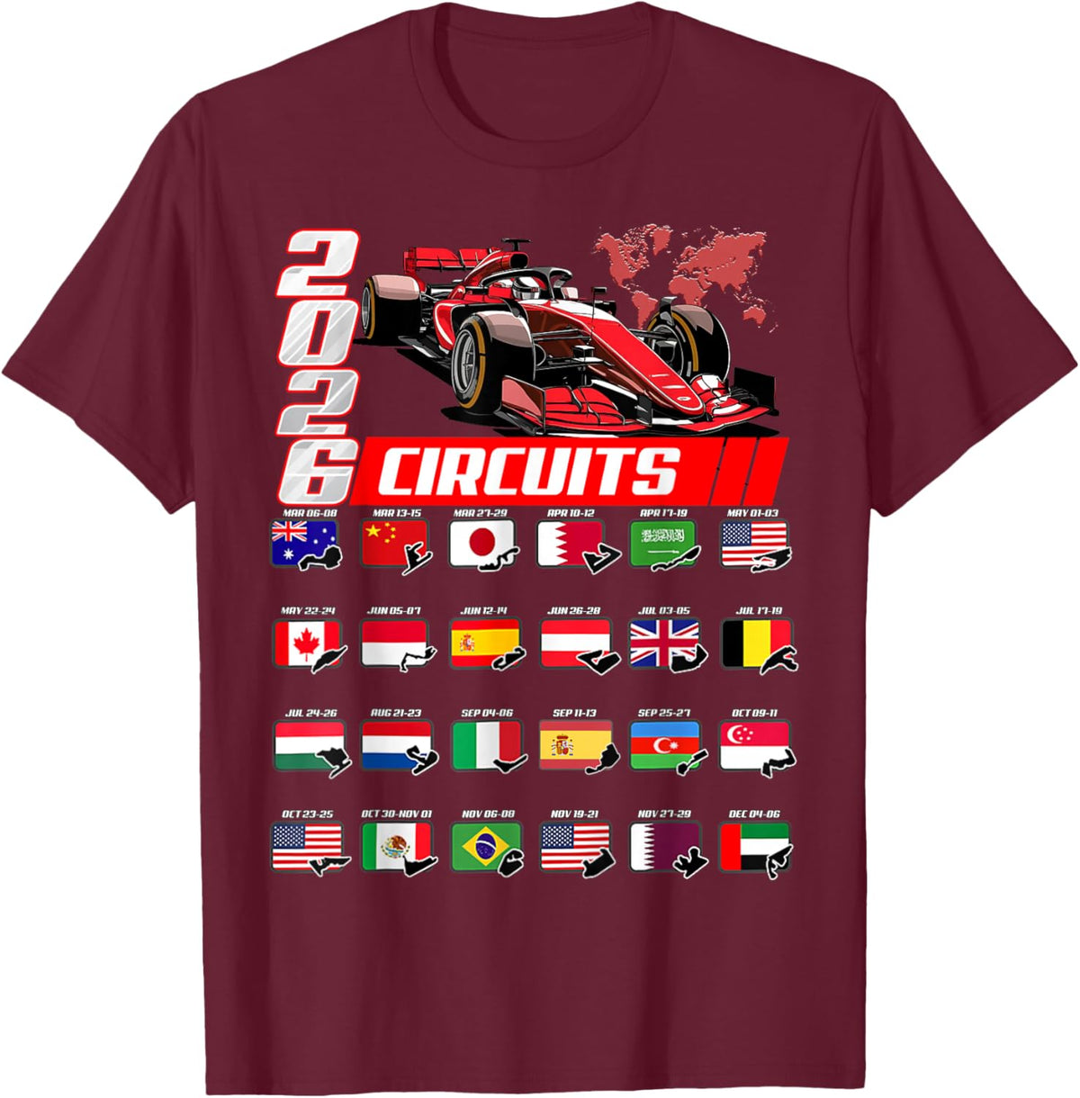 Racing Car Silhouette 2026 Calendar T-Shirt - T-Shirt | Maroon