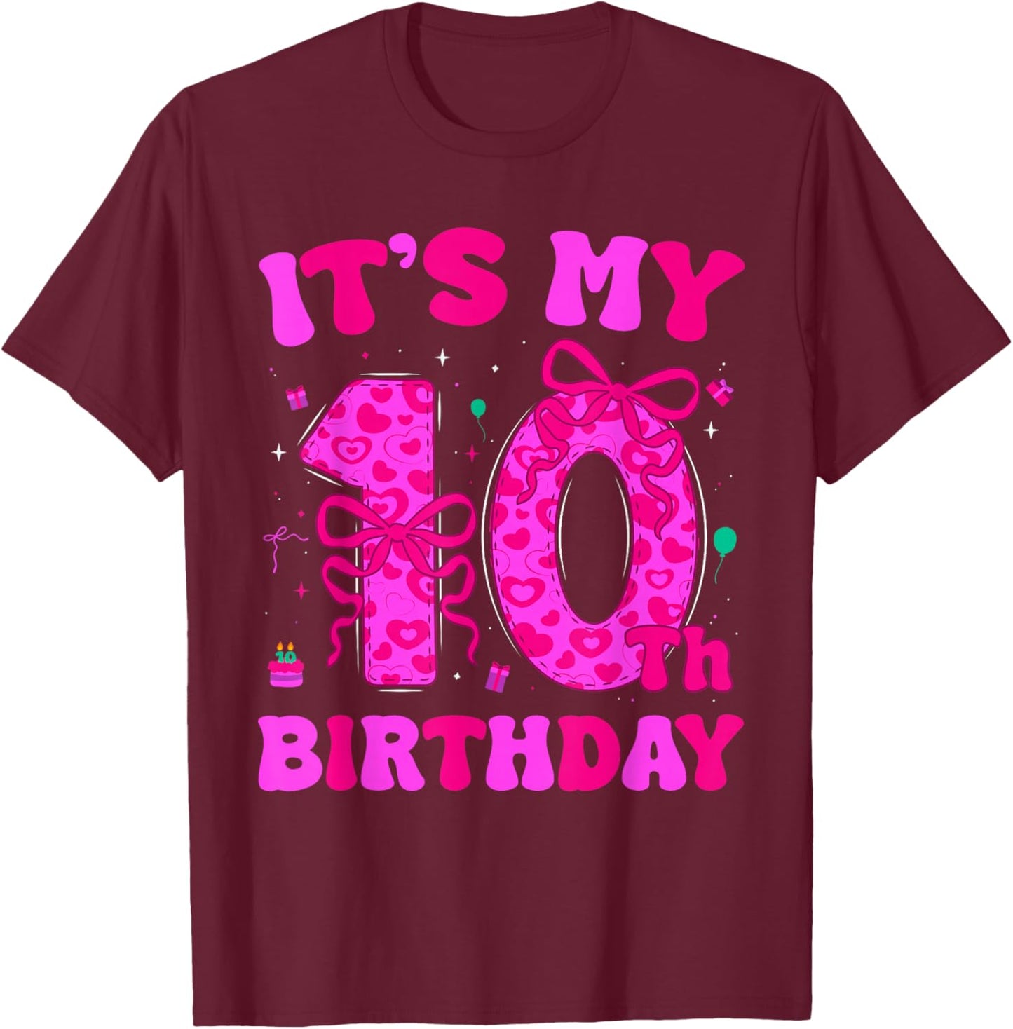 It's My 10th Birthday Coquette Bow 10th Birthday Girl T-Shirt - T-Shirt | Maroon