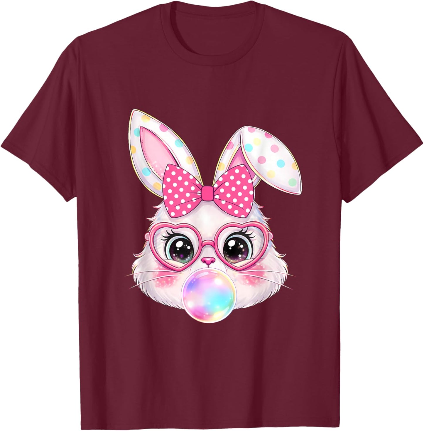 Retro Easter Bunny Bubble Gum Heart Glasses Spring Girls T-Shirt - T-Shirt | Maroon