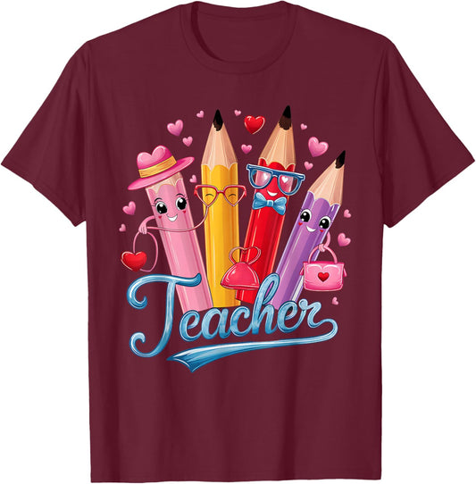 Funny Teacher Valentine Art Classroom Love Theme T-Shirt - T-Shirt | Maroon