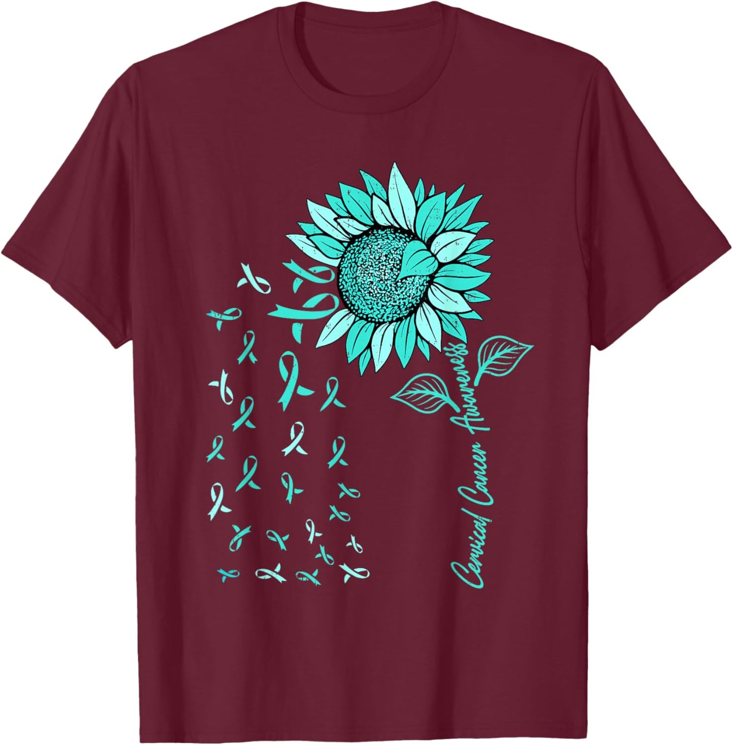 Sunflower Cervical Cancer Awareness Ribbon Teal Support T-Shirt - T-Shirt | Maroon