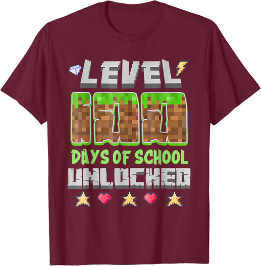Level 100 Days of School Unlocked Gaming Pixel 100th Day T-Shirt - T-Shirt | Maroon
