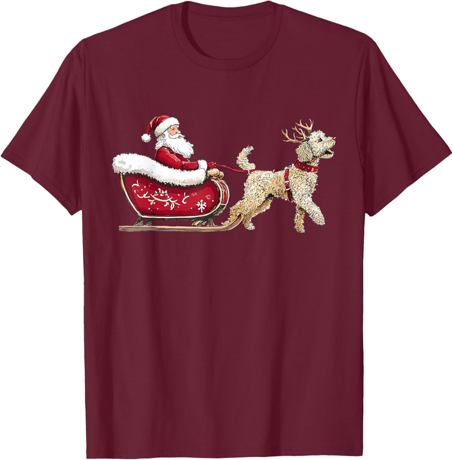 Funny Santa Claus Goldendoodle Reindeer Sleigh Christmas T-Shirt - T-Shirt | Maroon