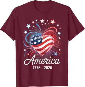 Flag Heart 1776 2026 July 4th 250th Birthday T-Shirt - T-Shirt | Maroon