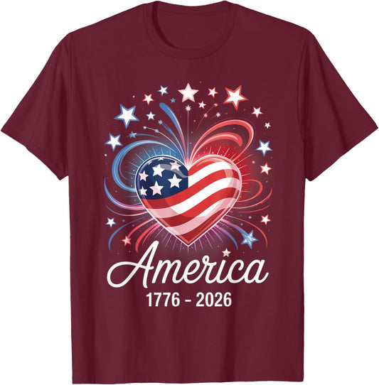 Flag Heart 1776 2026 July 4th 250th Birthday T-Shirt - T-Shirt | Maroon