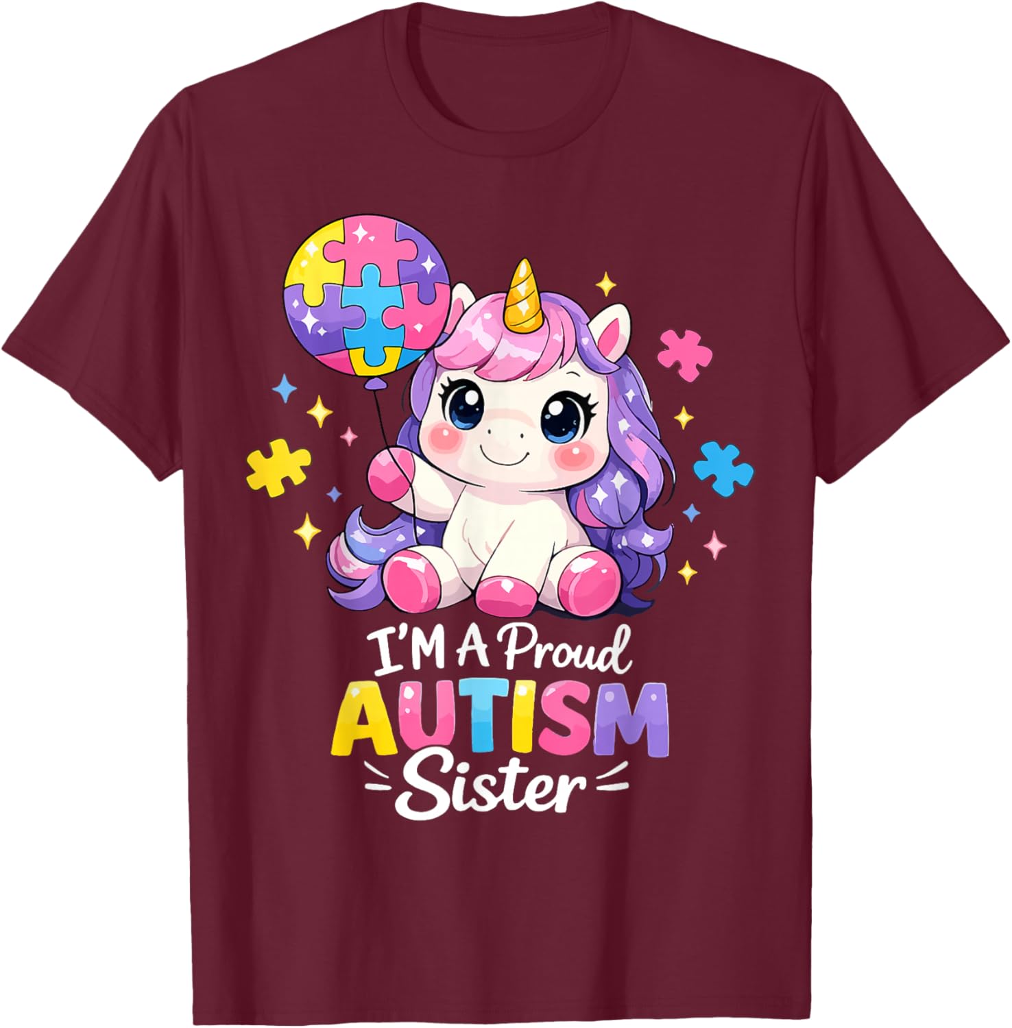 Proud Sister Autism Awareness Cute Unicorn Puzzle Girls T-Shirt - T-Shirt | Maroon