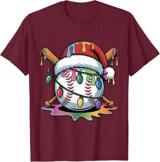 Christmas Baseball Ice Cream Dripping Santa Baseball Drip T-Shirt - T-Shirt | Maroon