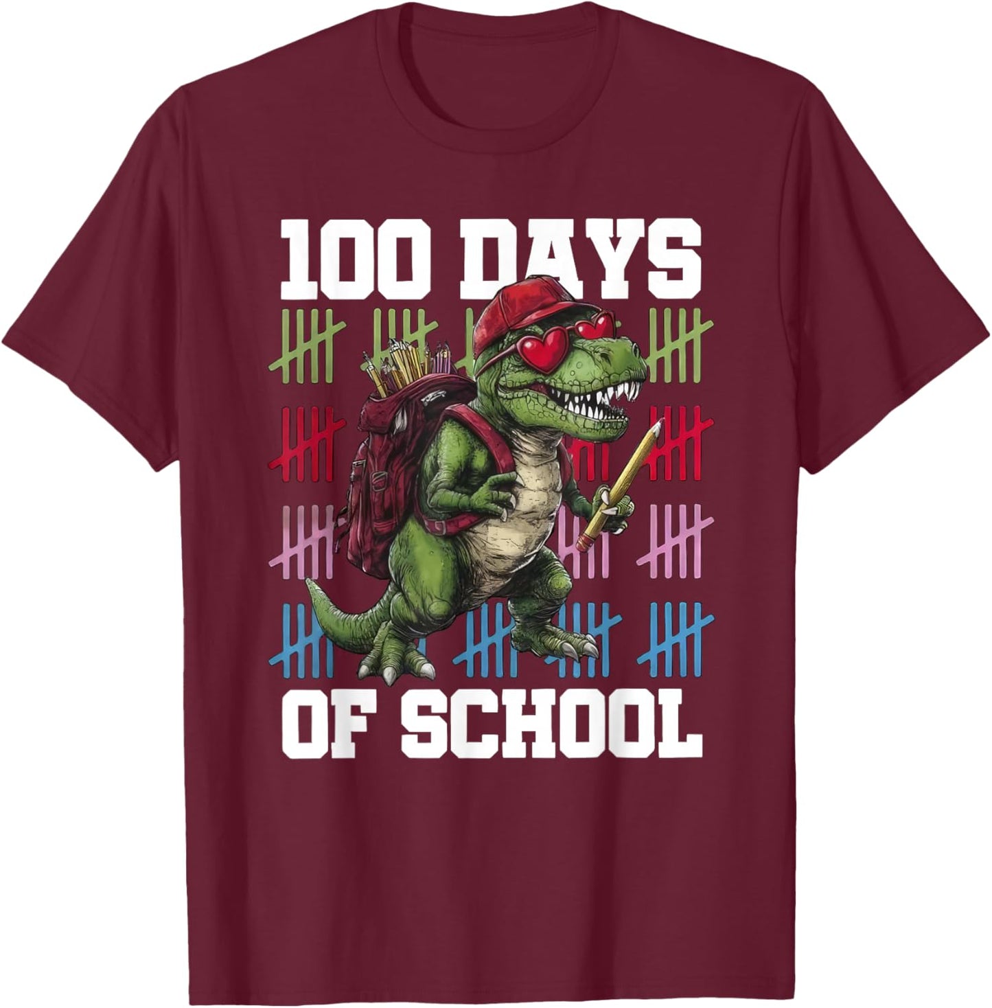 100 Days of School Dinosaur 100 Days Smarter 100th Day Kids T-Shirt - T-Shirt | Maroon
