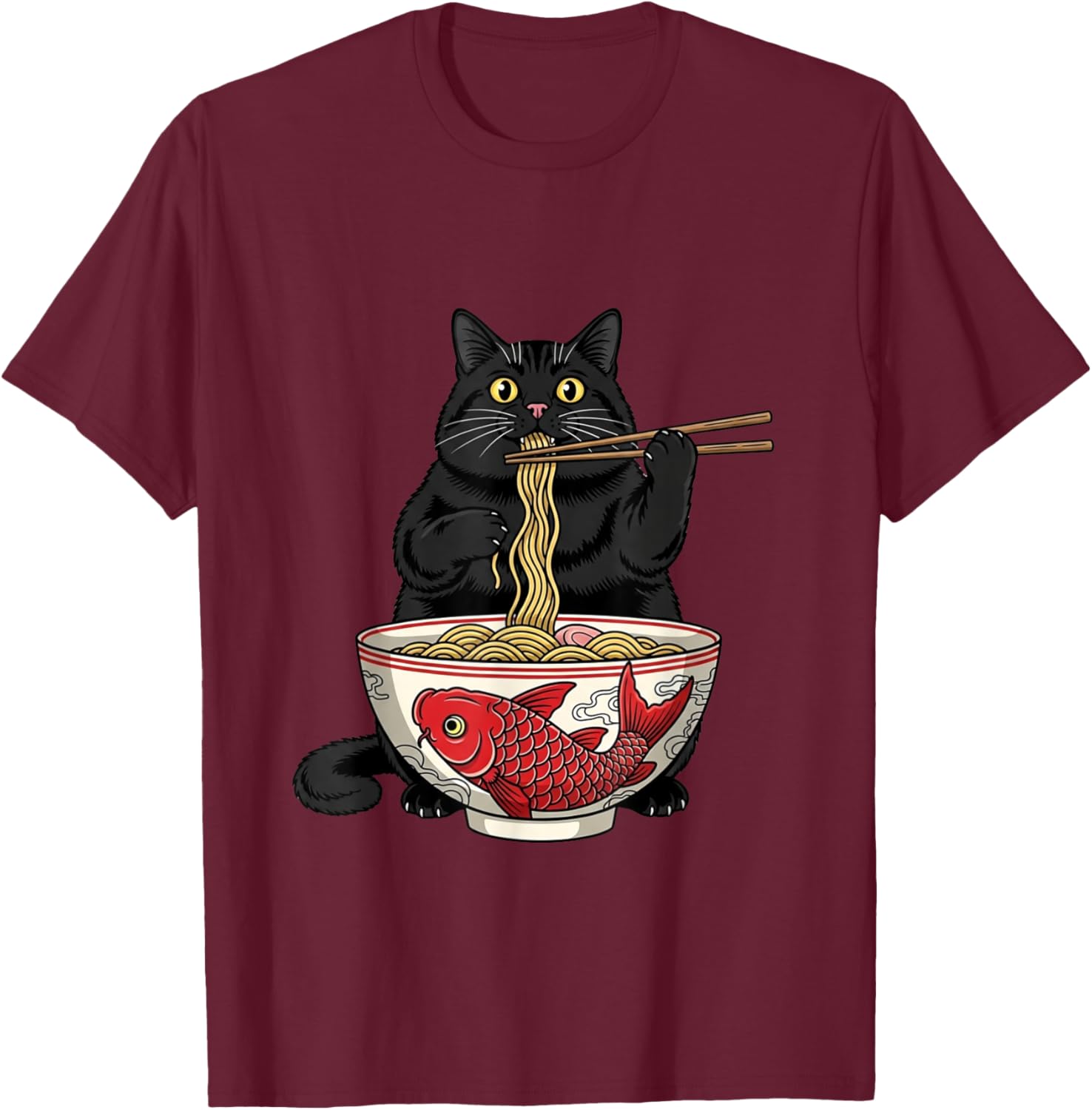 Funny Black Fat Cat Eating Ramen Noodles Anime T-Shirt - T-Shirt | Maroon