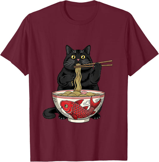 Funny Black Fat Cat Eating Ramen Noodles Anime T-Shirt - T-Shirt | Maroon