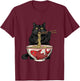 Funny Black Fat Cat Eating Ramen Noodles Anime T-Shirt - T-Shirt | Maroon