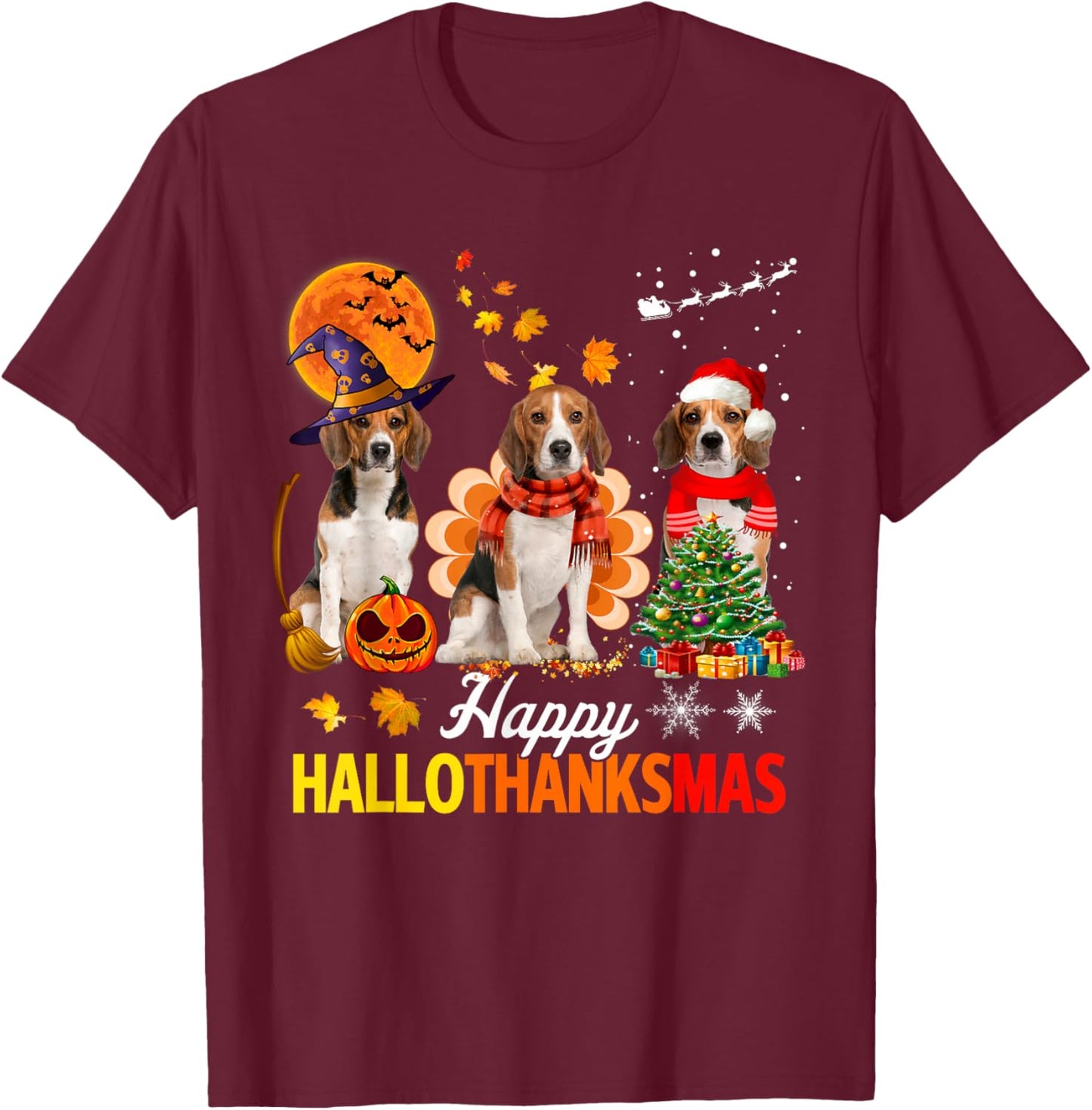 Cute Beagle Happy Hallothanksmas Halloween Thanksgiving Xmas T-Shirt - T-Shirt | Maroon
