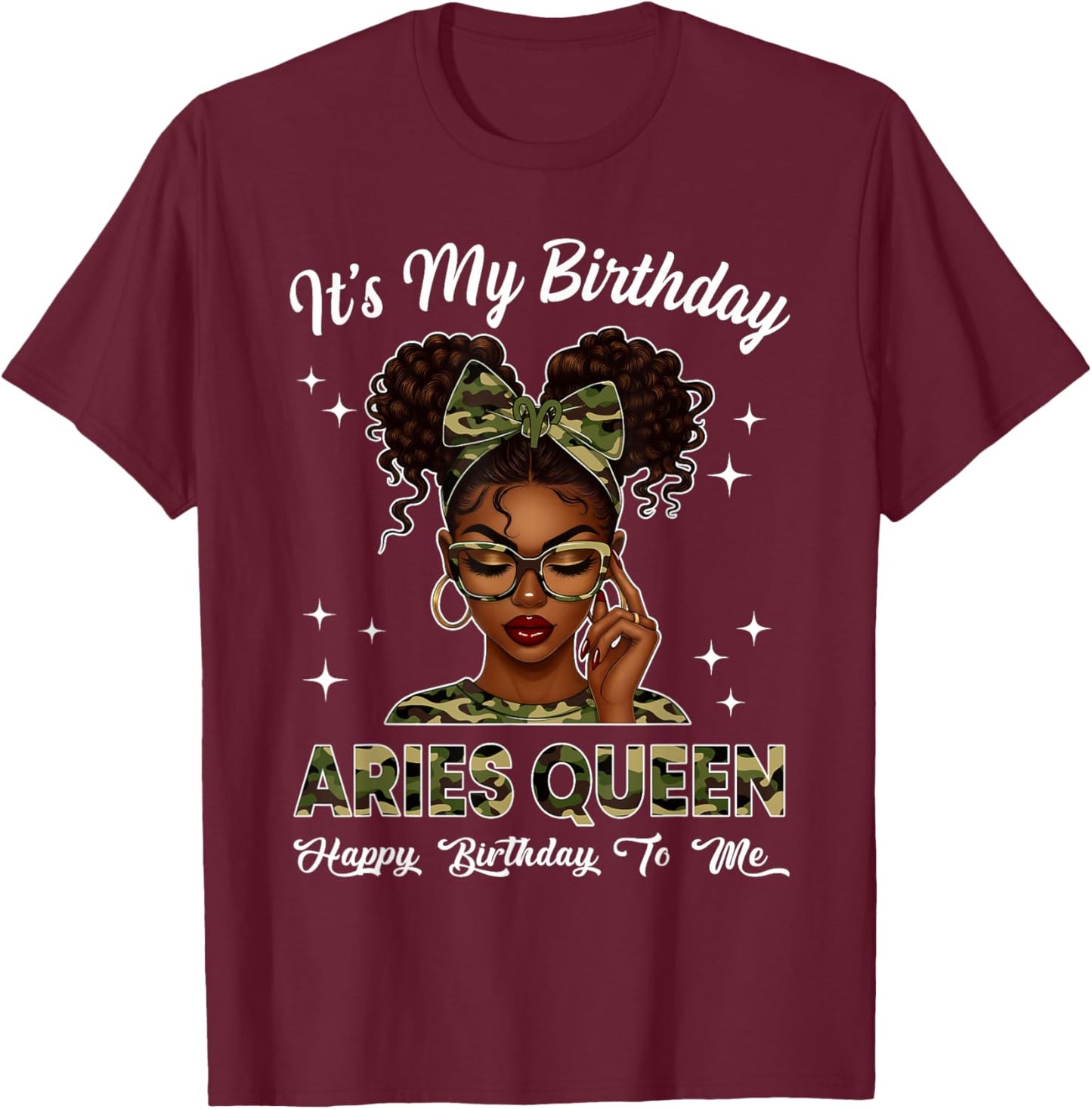 It's My Birthday Aries Queen Camo Bow Afro Black Girl T-Shirt - T-Shirt | Maroon